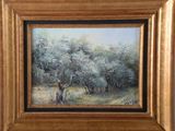 an oil painting of trees in a field with a golden frame