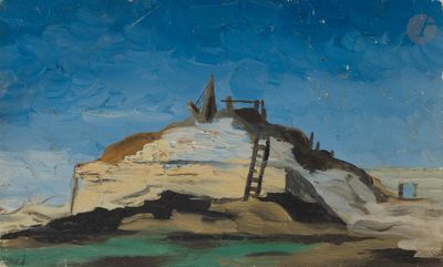une image représentant un tableau d'une plage avec une échelle au premier plan