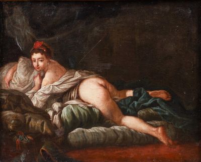 painting of a naked woman laying on a bed with a pillow