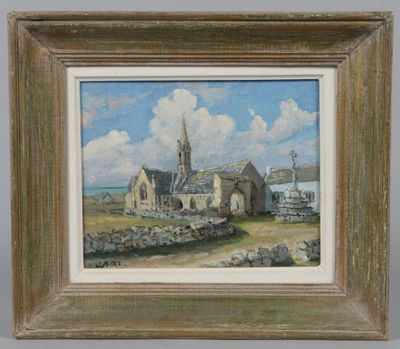 an oil painting of a church in a field with a sky background