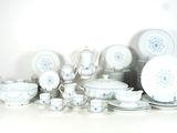 beaucoup d'assiettes et de tasses blanches et bleues sur la table