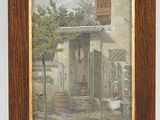 an old painting of a man outside a house with a dog in front of it