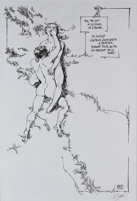 a black and white drawing of a naked woman hanging from a tree