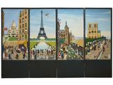 four panels of a painting of a street scene with people and a eiffel tower in the background