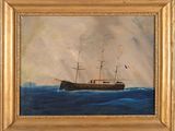 une peinture à l'huile représentant un navire en mer sur fond blanc