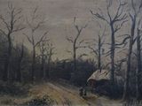 a painting of a horse drawn carriage on a dirt road