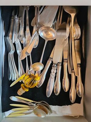 beaucoup de couverts dans une boîte posée sur la table
