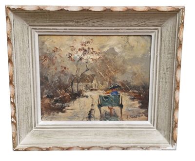 an oil painting of a horse drawn carriage in a snowy landscape
