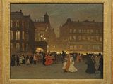 une image représentant un tableau où l'on voit des personnes marchant dans une rue la nuit