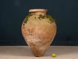 a large brown vase with a green plant growing out of it