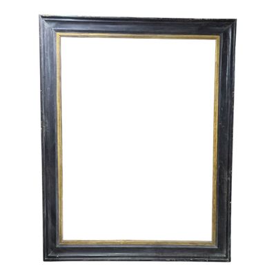 a black picture frame with a gold border on a white background