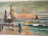 a painting of sailboats on the beach at sunset