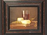 tableau représentant une nature morte avec du fromage et un verre de vin