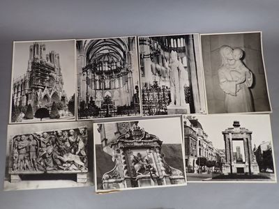 several black and white photographs of a building and a clock