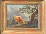 painting of a cow grazing in a field with a man and a child