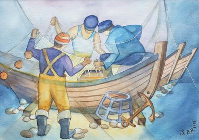 painting of two men in a boat with a net on the water