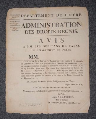 Affiche imprimée; avis datant de l'an 13 concernant les débi…