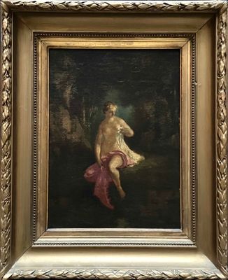 une peinture à l'huile représentant une femme assise sur un banc dans un espace boisé