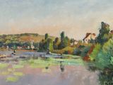 une peinture à l'huile représentant une scène fluviale avec des bateaux sur l'eau