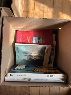 de nombreux livres dans une boîte en carton posée sur le sol