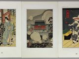 three framed prints of asian women in traditional clothing on a wall