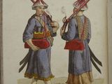 an old book with a drawing of two men in traditional clothing