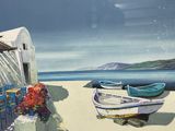 a painting of boats on the beach next to a building