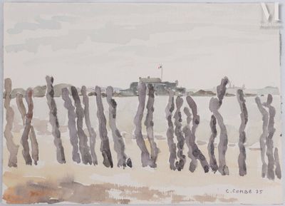 COMBE Camille (1911-2005) Bretagne, Sur la plage de Saint Ma…
