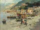 a painting of a group of people on the beach