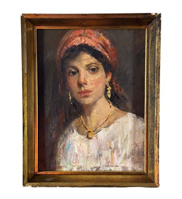 portrait d'une jeune femme coiffée d'un chapeau rouge, d'après un tableau