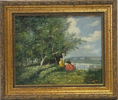 une peinture à l'huile représentant un couple assis sur un banc dans un parc