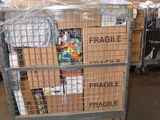 a metal cart with boxes on top of it in a warehouse