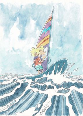 dessin représentant un homme sur une planche de surf, chevauchant une vague dans l'océan