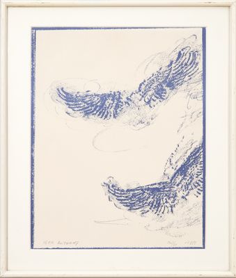 un dessin en bleu et blanc représentant deux oiseaux volant dans le ciel