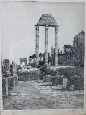 an old drawing of a roman temple with columns in the foreground