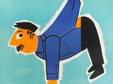 an image of a blue poster with a man in a suit on it