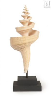 wooden sculpture of a spirally shaped object on a black stand