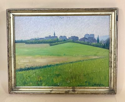 an oil painting of a green field with a church in the distance