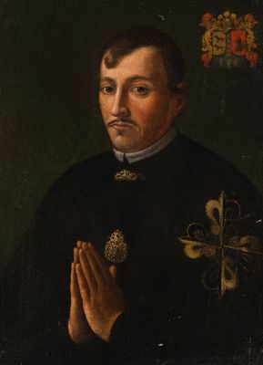 a painting of a man in a black coat with a cross on his chest