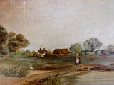 an oil painting of a woman walking down a dirt road by a body of water
