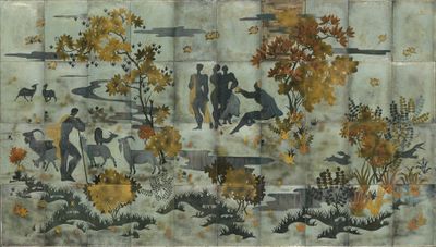 un tableau représentant des personnes et des animaux dans un champ