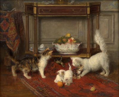 tableau représentant un groupe de chats jouant avec une balle sur un tapis