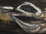 abstract painting of a black and white fish with a yellow eye