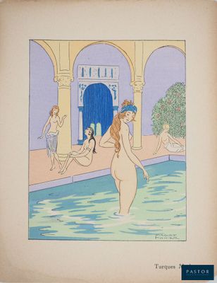 illustration représentant une femme debout dans une piscine, avec d'autres personnes en arrière-plan