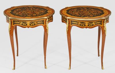 pair of louis xv style inlaid side tables