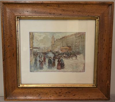 tableau représentant une scène de rue avec une foule de passants marchant dans la rue