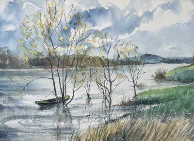 une peinture à l'aquarelle d'un bateau dans l'eau