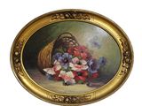 painting of a basket of flowers on a table with a white background