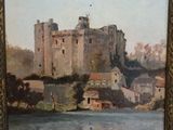 an oil painting of a castle with a river in front of it
