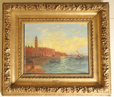 painting of a view of venice with a boat in the foreground
